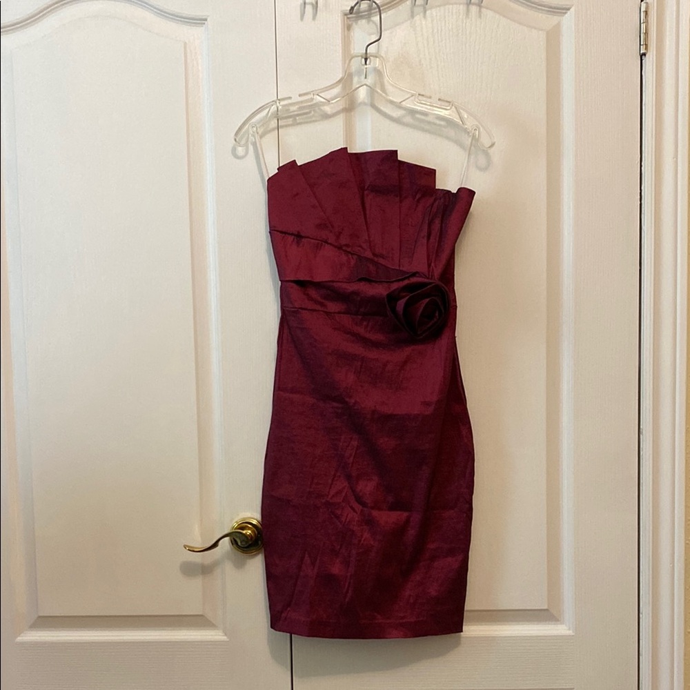 Va Va Voom Wine Coloured Strapless Dress |Top Pleat Fan + Folded Flower Detail
